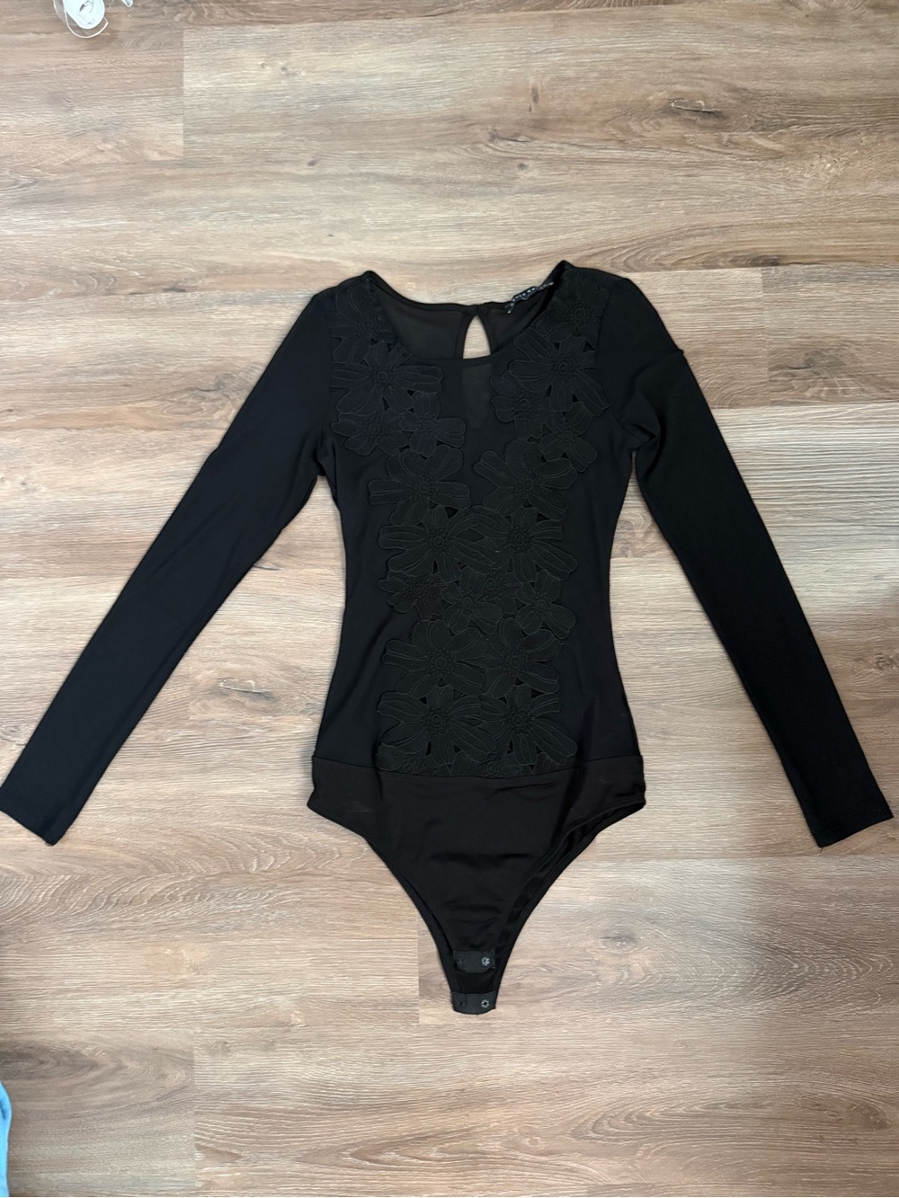 Haute Monde Black Long-Sleeve Floral Lace Bodysuit